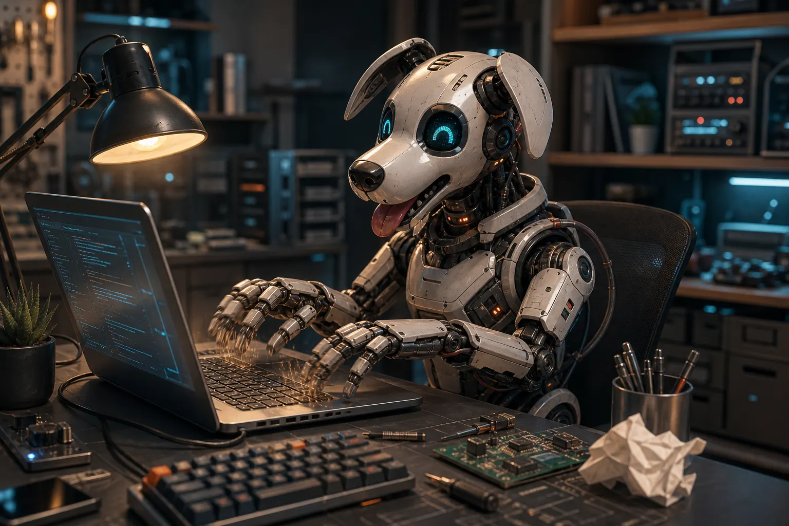 An illustration of a robot dog sitting at a workbench, typing code on a laptop by lamplight.