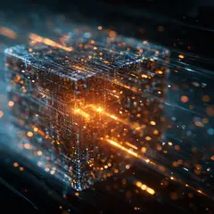 A glowing Docker container floating in a dark cinematic environment, representing isolated AI agent execution