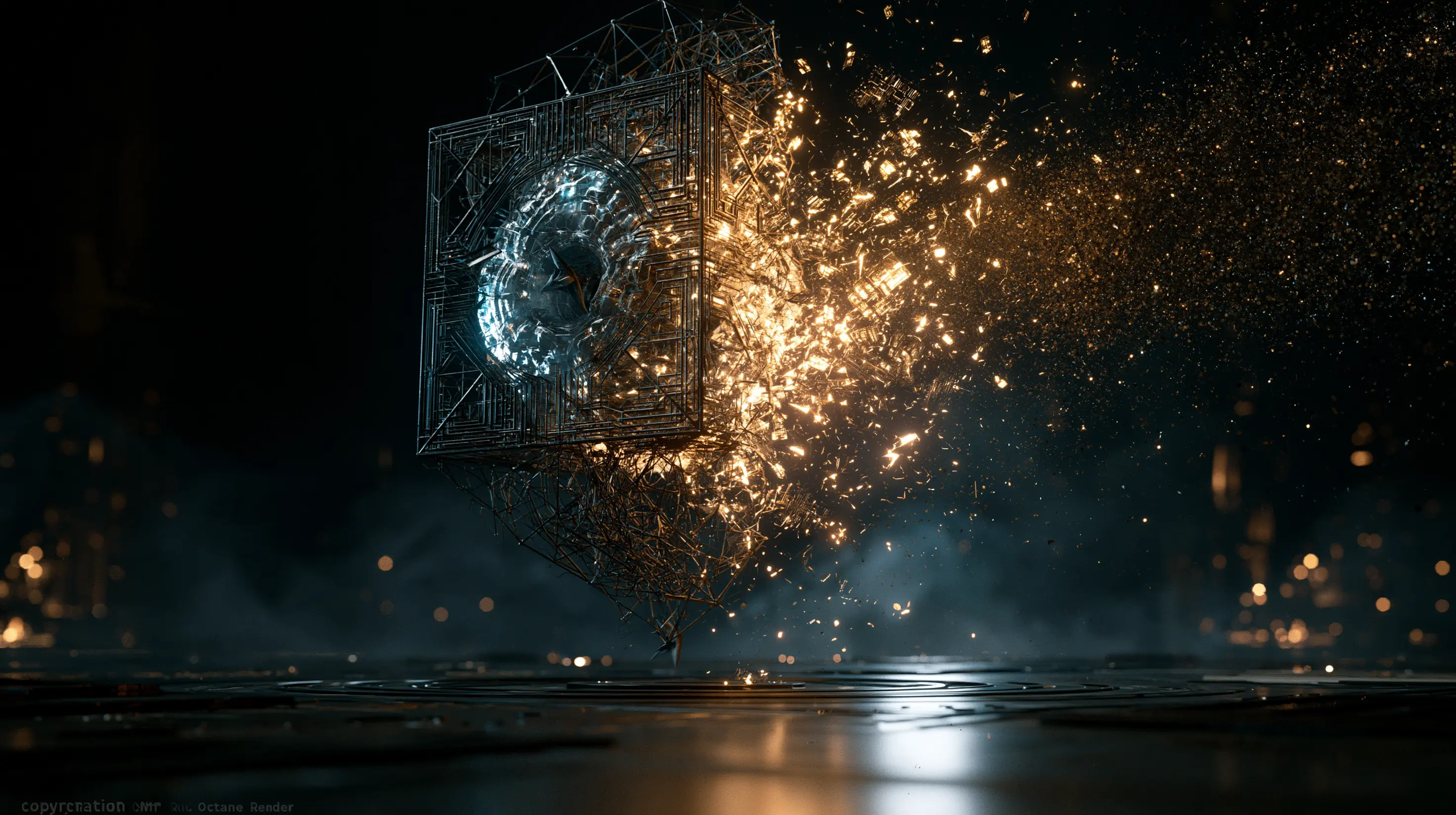 A glowing wireframe AI core orb mid-disintegration, half intact and half dissolving into amber particles drawn into the dark.