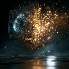 A glowing wireframe AI core orb mid-disintegration, half intact and half dissolving into amber particles drawn into the dark.