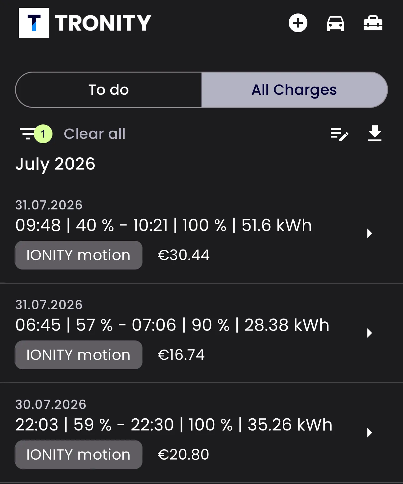 TRONITY charging list for July 2026 showing three sessions of 51.6, 28.38 and 35.26 kWh, each tagged IONITY motion and priced at 30.44, 16.74 and 20.80 euros.